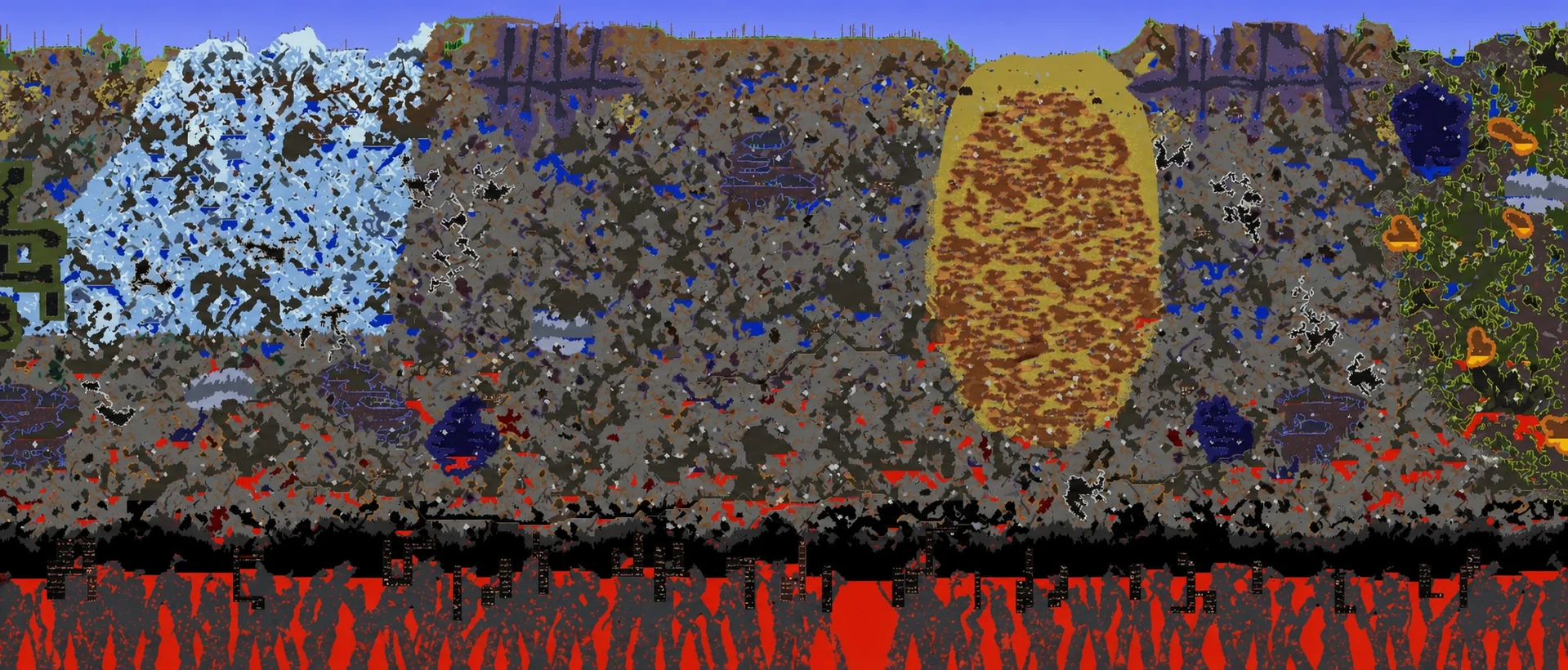 Full Terraria world map showing surface biomes, underground caves, desert, jungle, and the Underworld